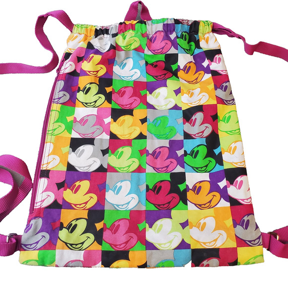 Disney Parks Authentic Original Mickey Mouse Clothe Backpack Colorful Faces Fold - Picture 1 of 11